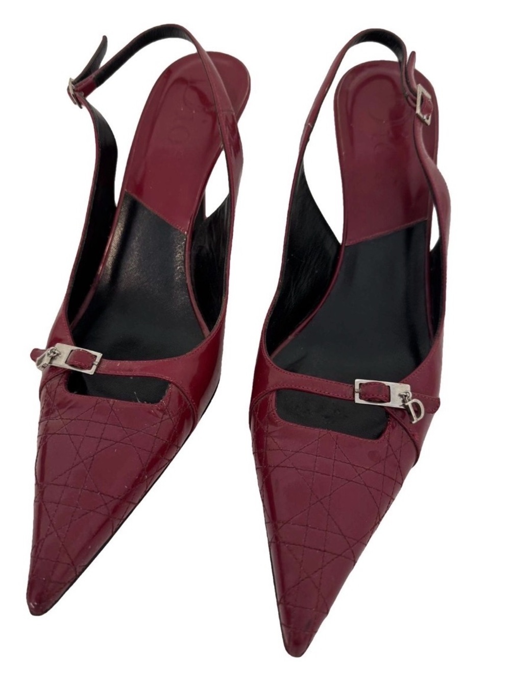 Vintage Christian Dior Galliano Cannage Patent Leather Slingback Pumps Burgundy
